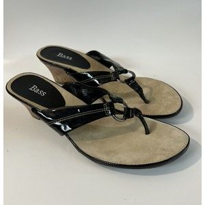 Bass BLACK 9.5 M Sandals Slip On Leather Thong Flip Flop Wedge Heel Patent